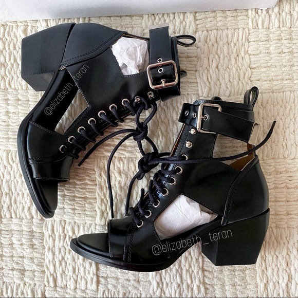 Chloé Rylee Cut-Out Leather Ankle Boot Heel Buckle Open-Toe Black EU 37.5 NIB - Picture 8 of 15